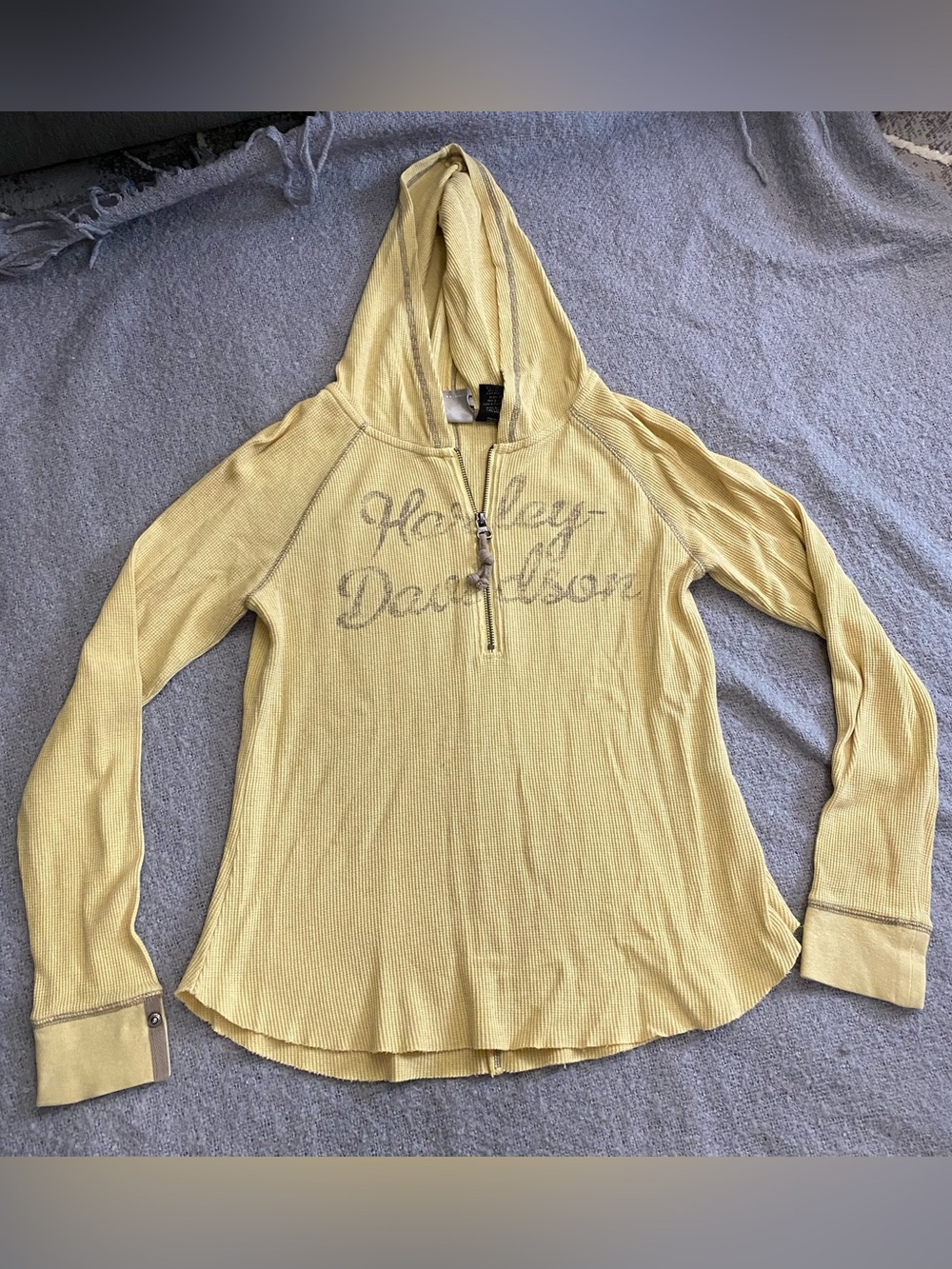 Harley-Davidson Women's Pale Yellow Hooded Waffle-Knit Pullover
